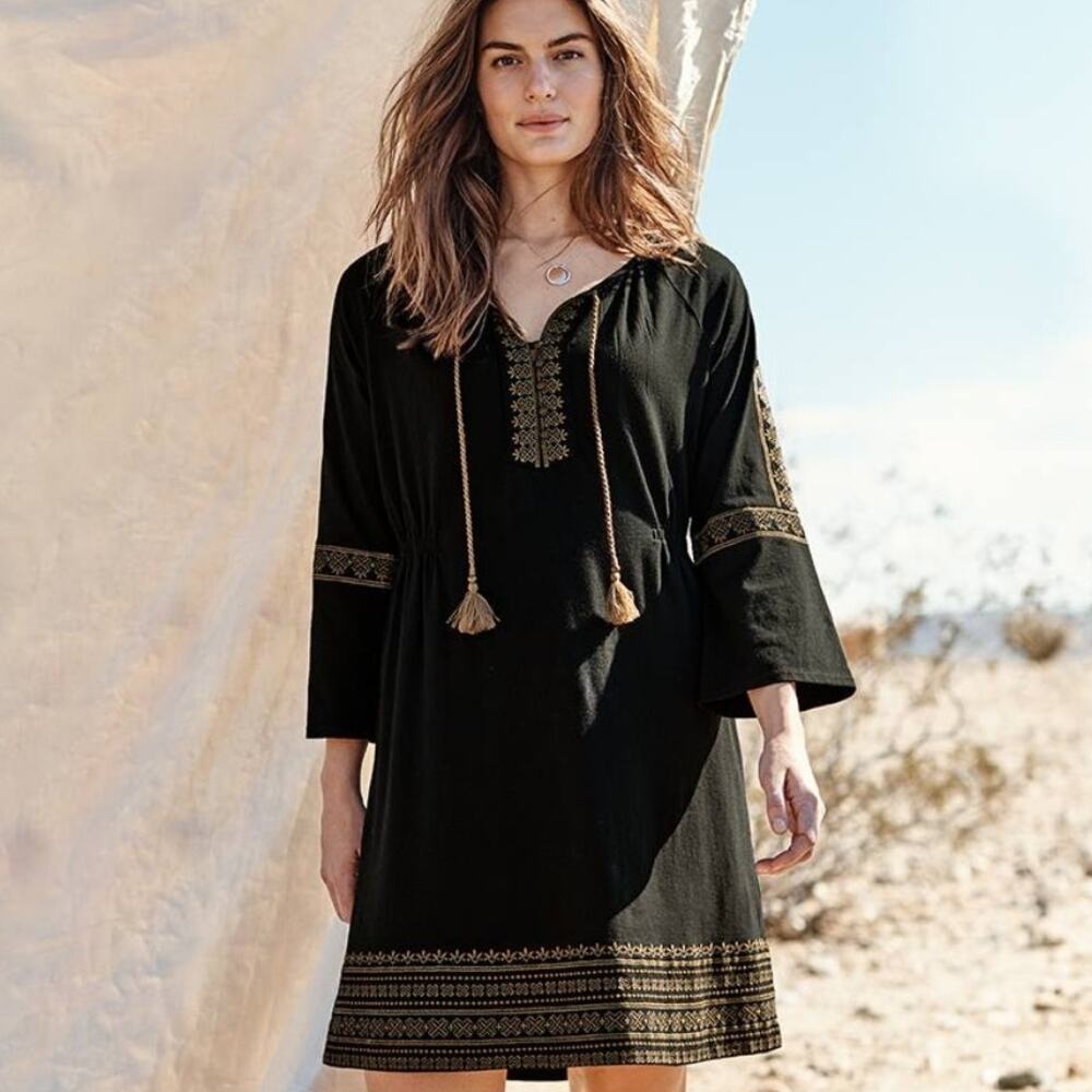 J. Jill Boho Dress Womens XL Petite Black Tan Embroidered Tassel Tie Peasant